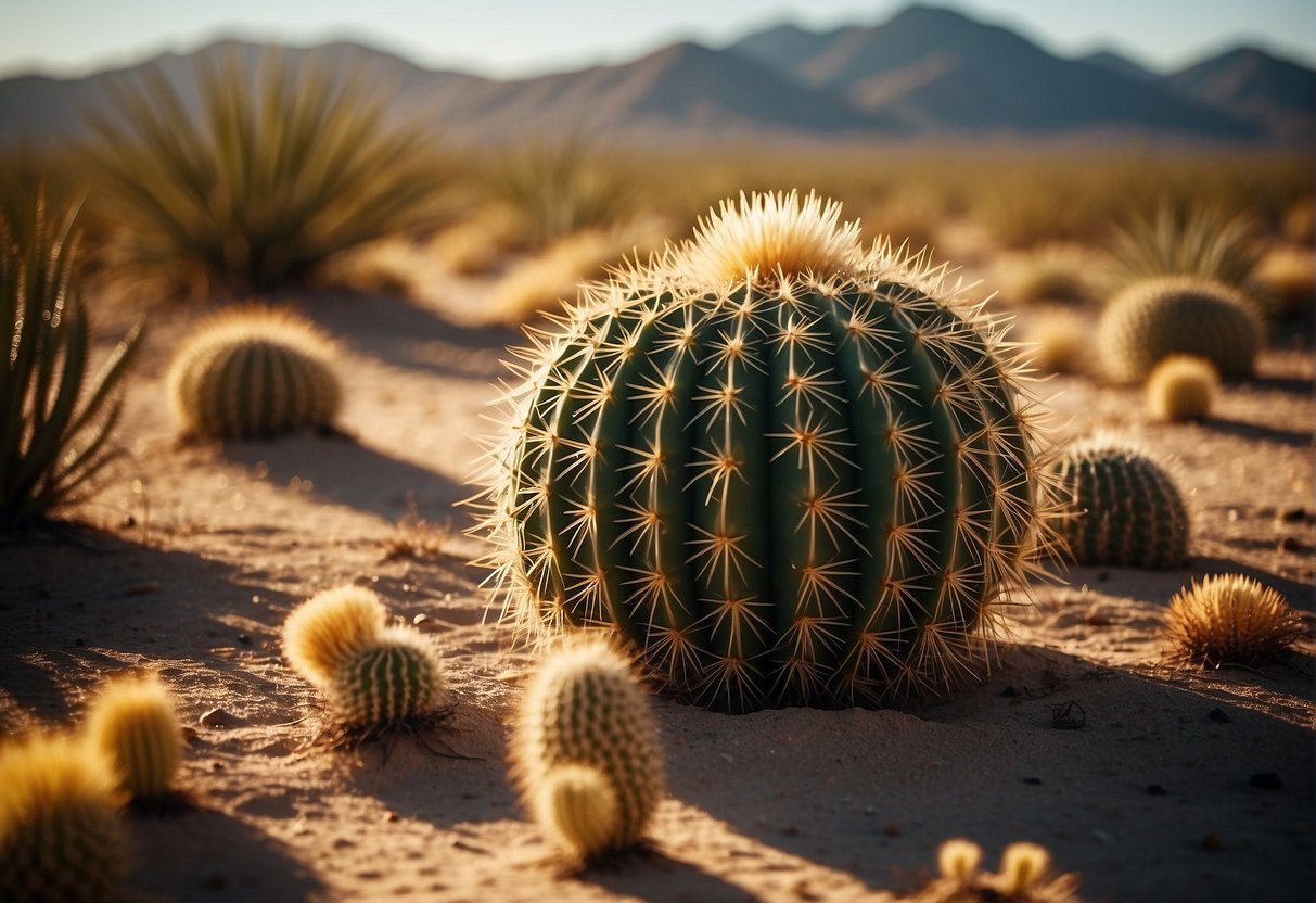 A barrel cactus stands tall among other desert plants, its ribs and spines casting dramatic shadows in the golden sunlight