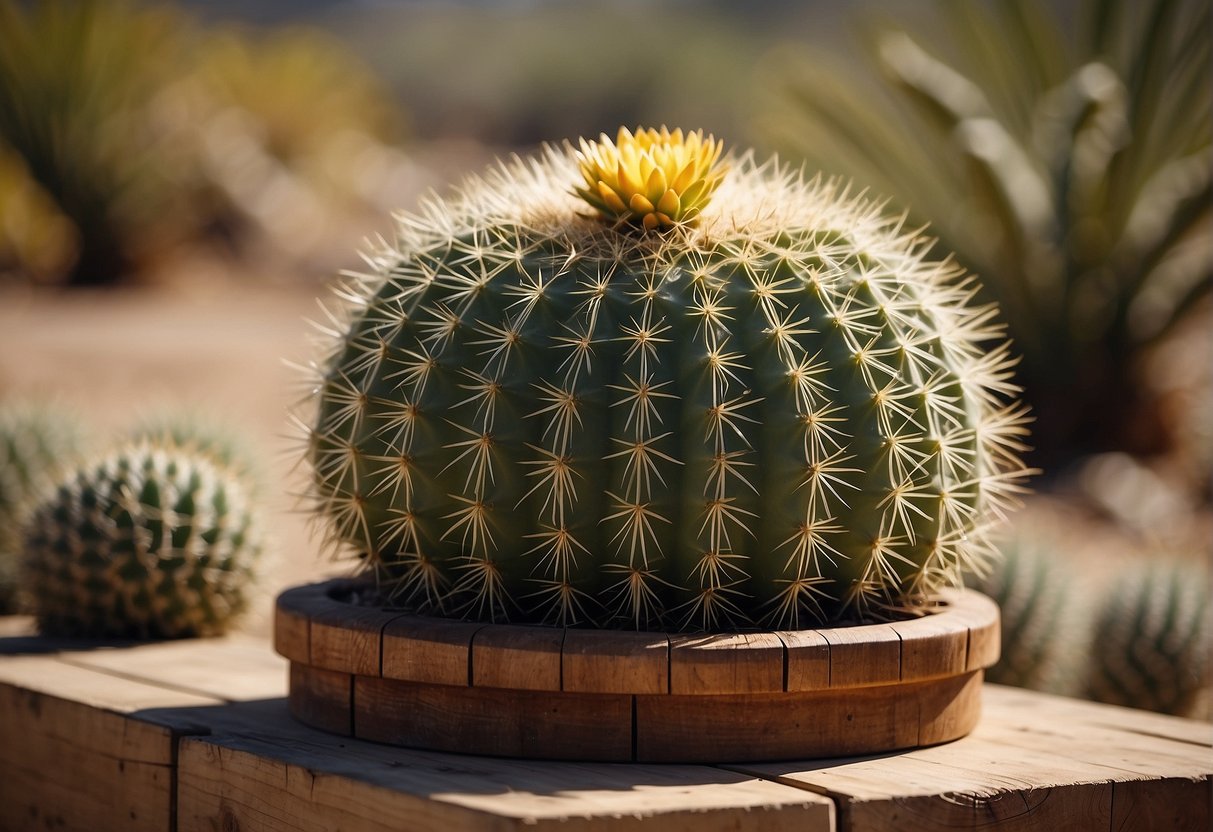 A barrel cactus sits on a wooden stand with a price tag attached, surrounded by other desert plants for sale