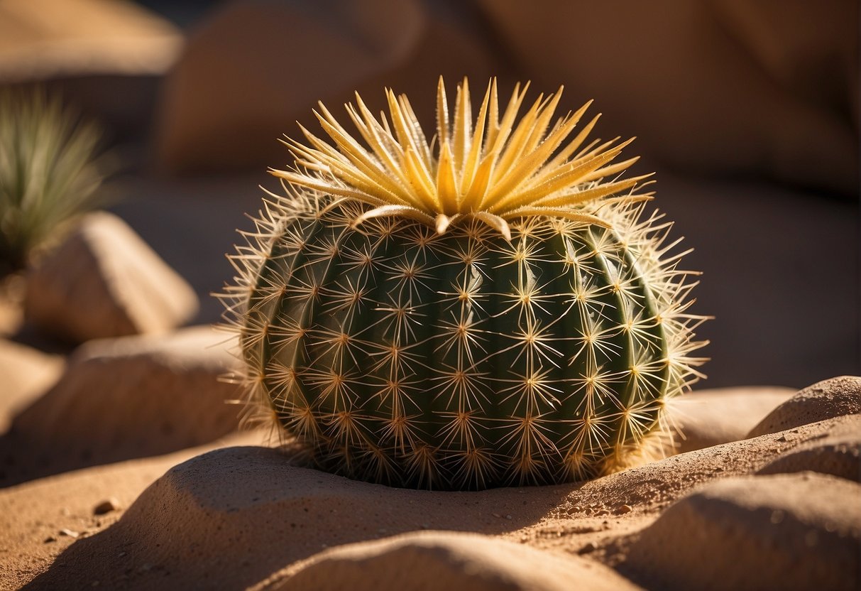 A small golden barrel cactus sits in a terracotta pot, surrounded by desert sand and rocks. The sun shines down, casting shadows on the spiky plant