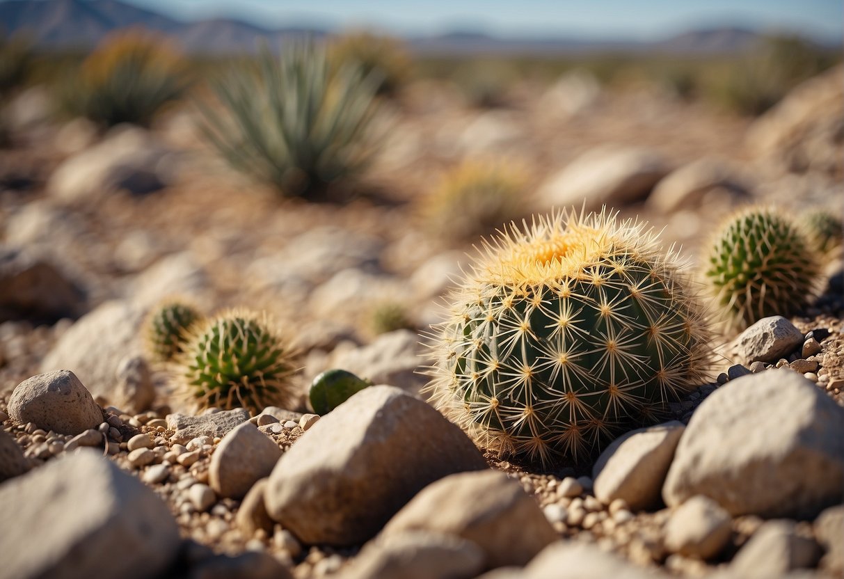 A baby golden barrel cactus sprouts from dry desert soil, surrounded by rocky terrain and sparse vegetation