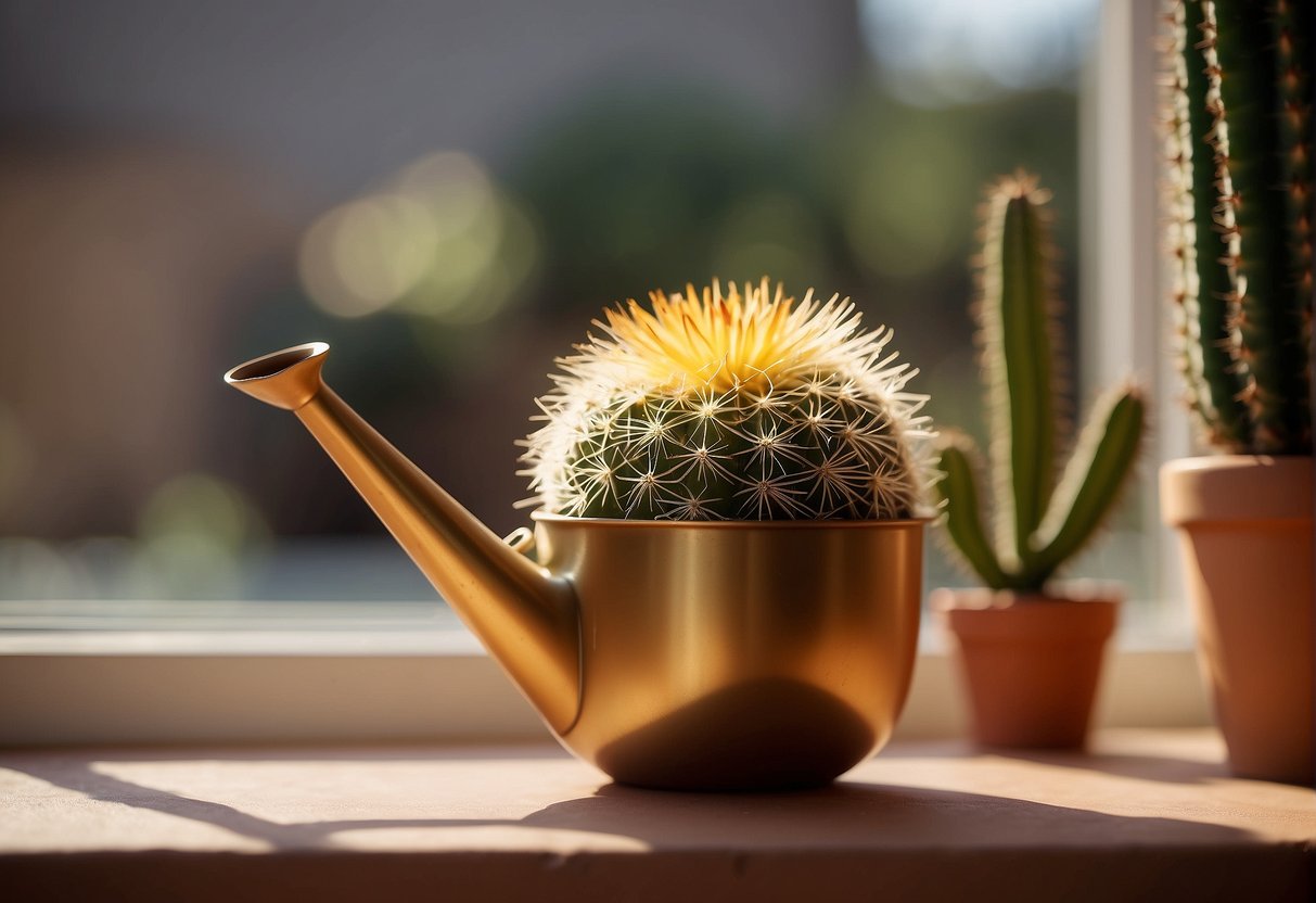 A small golden barrel cactus sits in a terracotta pot on a sunny windowsill. A watering can and care instructions are nearby