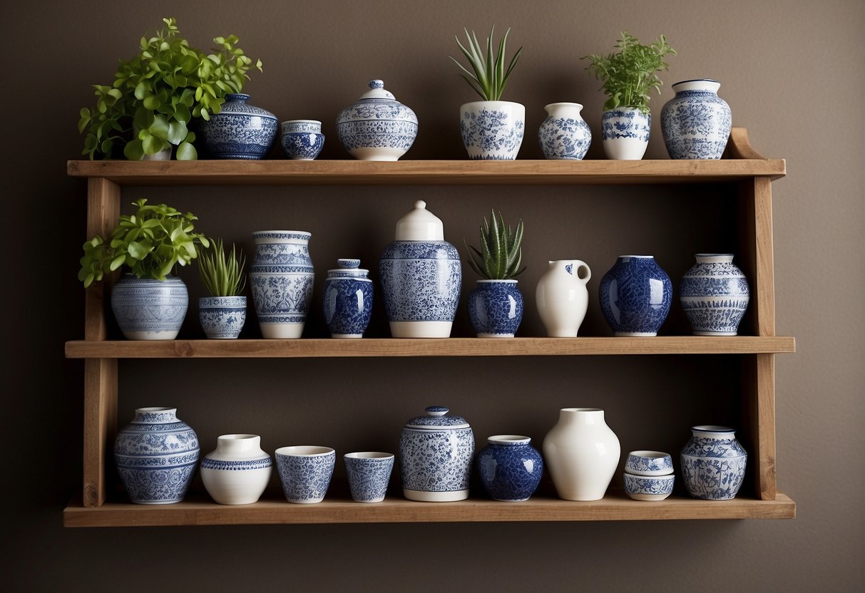 Mini ceramic pots arranged on a rustic wooden shelf, with varying shapes and sizes, some with intricate designs and others with simple patterns