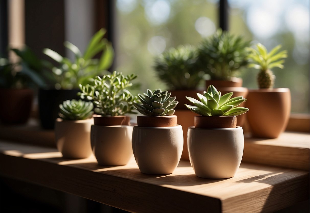 Mini ceramic pots arranged on a wooden shelf with small plants inside, sunlight streaming in through a nearby window, casting shadows on the pots