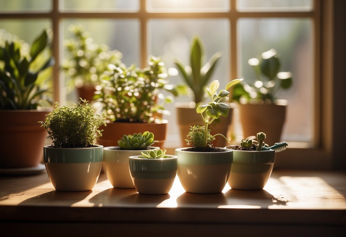 Mini ceramic pots placed on a wooden table, surrounded by small gardening tools and a watering can. Sunlight streams in through a nearby window, casting a warm glow on the scene