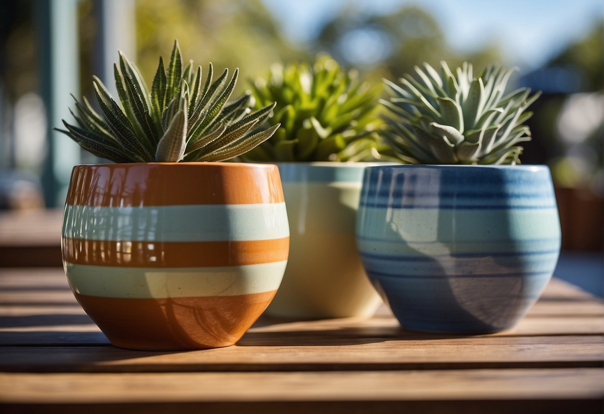 Colorful handmade ceramic planters arranged on a sunlit outdoor table in Australia. Surrounding greenery and blue sky add to the natural, earthy aesthetic