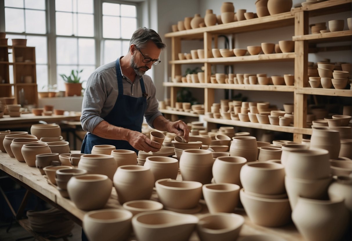 A potter molds clay into planters, shaping and smoothing each one. Shelves display finished pieces in a bright, airy studio