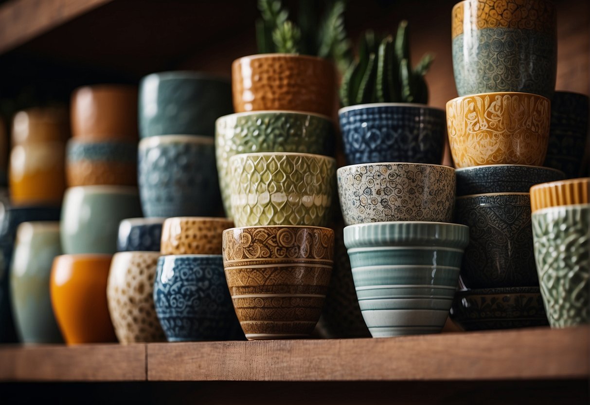An array of Australian handmade ceramic planters showcase diverse design styles, featuring intricate patterns, vibrant colors, and varying textures
