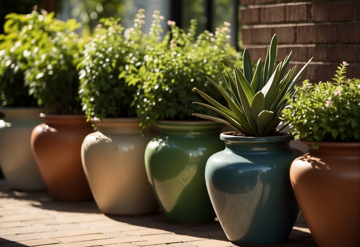 Several outdoor ceramic pots arranged on a patio, filled with vibrant green plants and blooming flowers, with the sunlight casting shadows on the textured surface