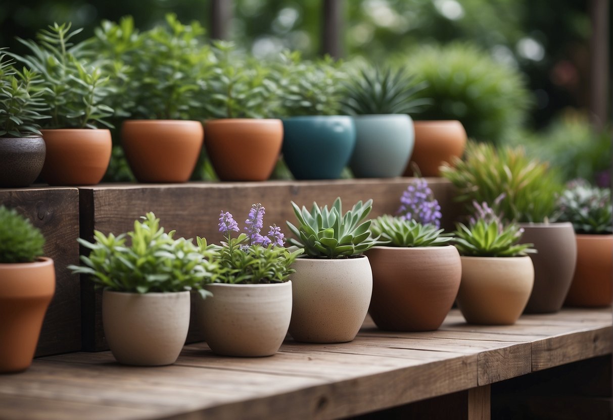 A variety of outdoor ceramic pots arranged on a wooden deck, surrounded by lush green plants and blooming flowers