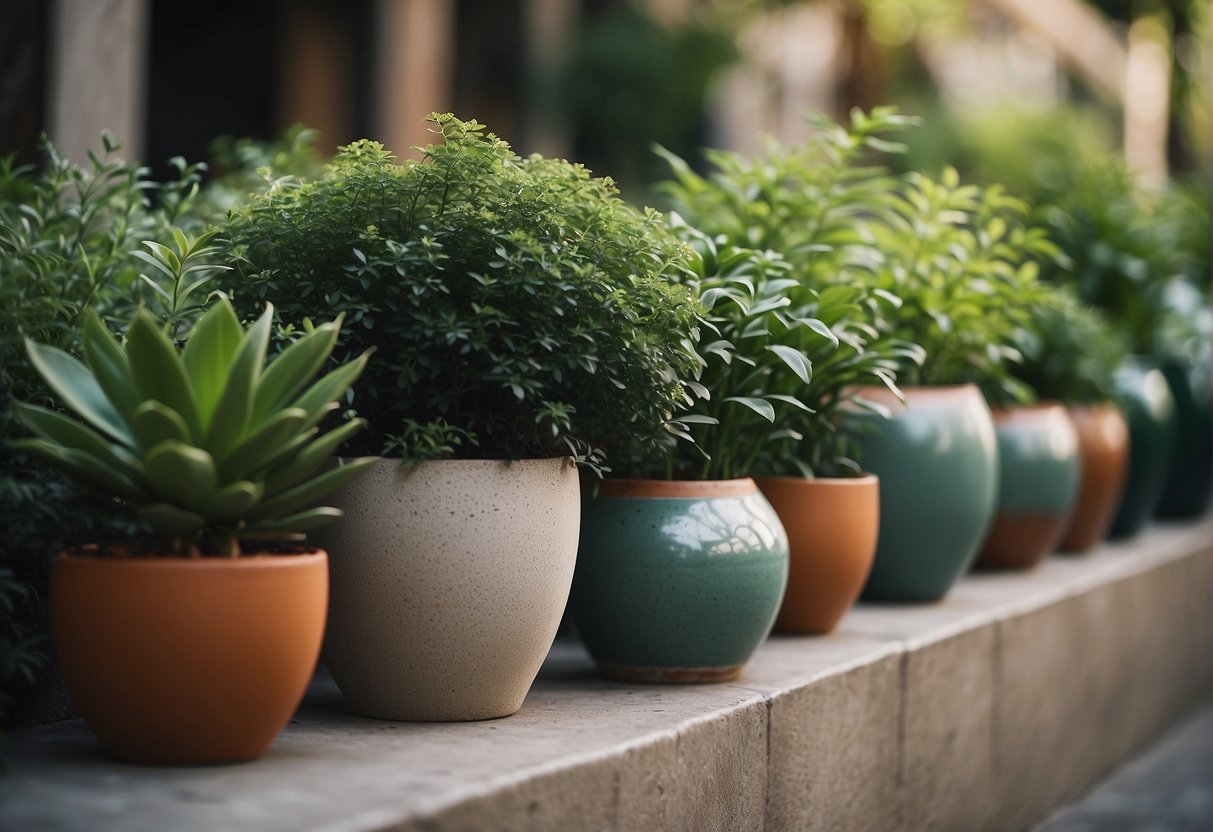 Lush green plants arranged in various ceramic pots outdoors