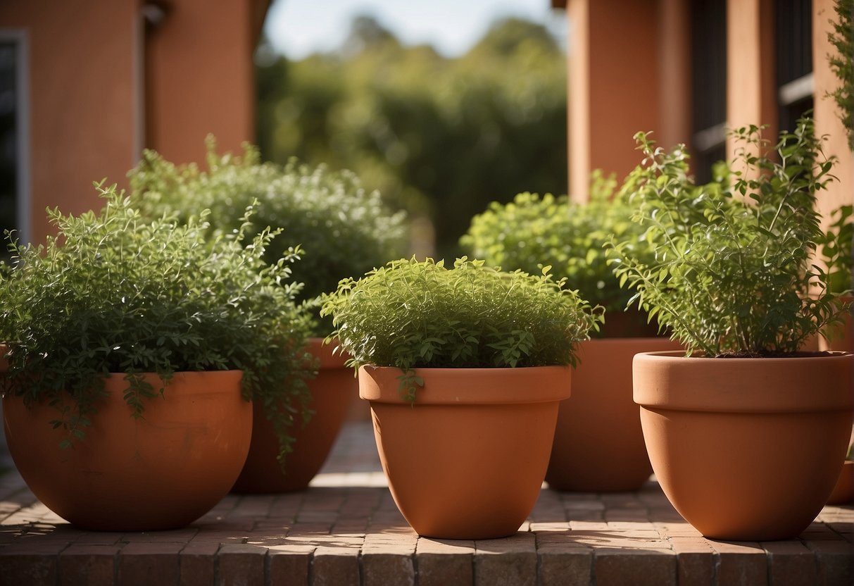 Several large terracotta pots arranged in an outdoor setting, surrounded by greenery and bathed in natural sunlight