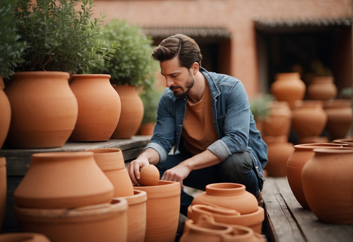 A person choosing large terracotta pots outdoors
