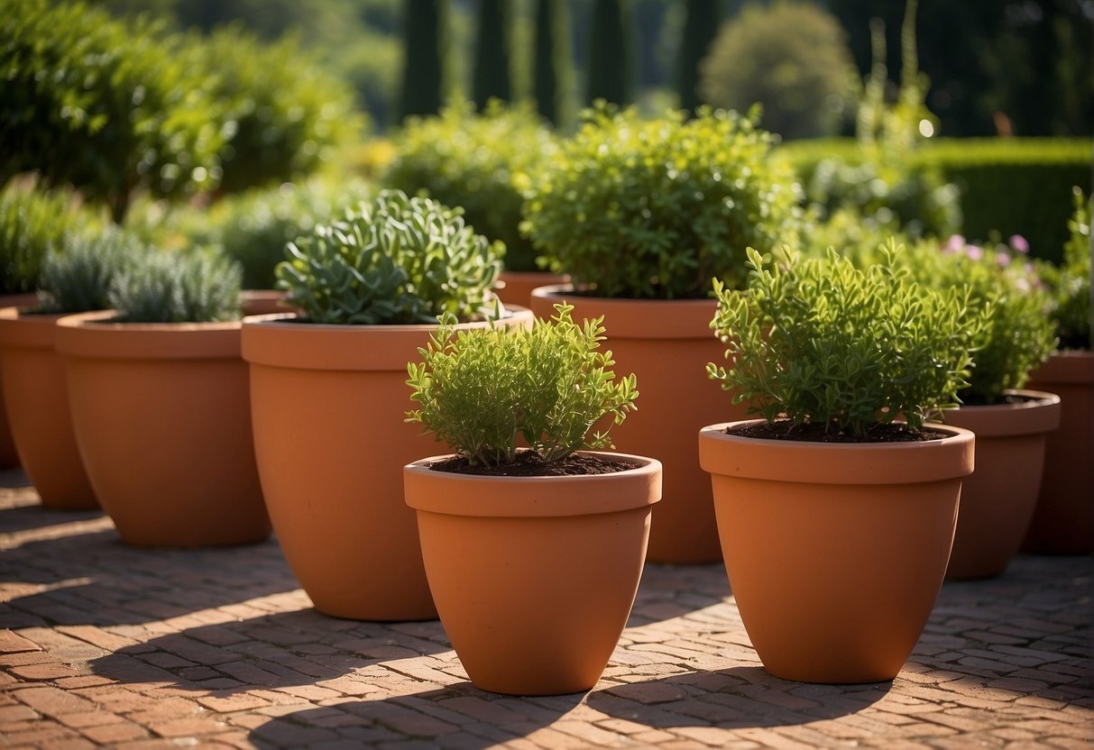 Large terracotta pots arranged in a symmetrical pattern outdoors, surrounded by greenery and bathed in warm sunlight