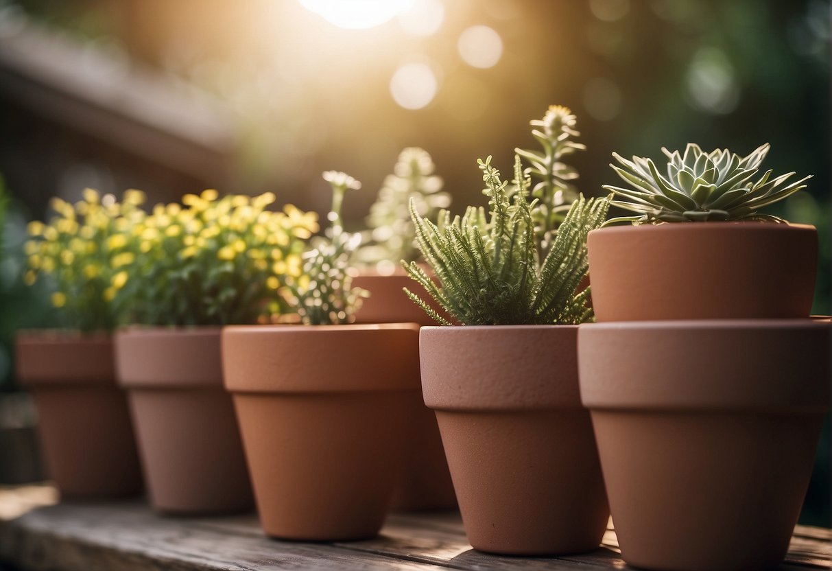 Clay plant pots arranged on a wooden shelf in a sunlit garden
