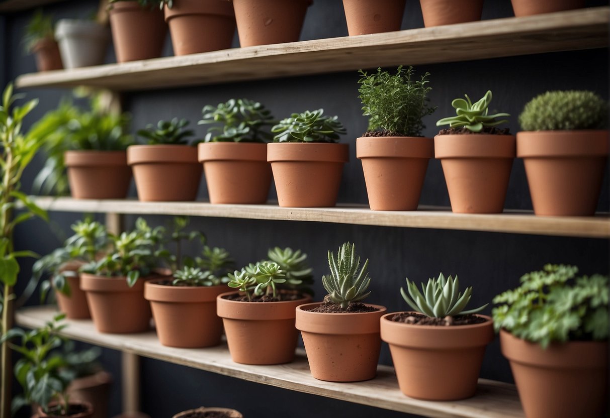 Clay plant pots arranged on shelves, showing different sizes and shapes. Some pots have plants inside, while others are empty. The pots are surrounded by gardening tools and bags of soil
