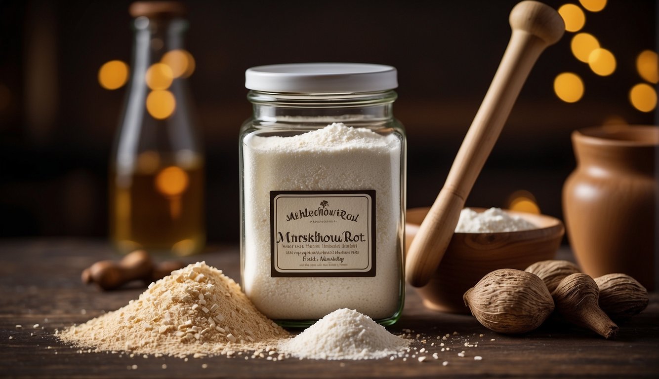 A mortar and pestle grinds dried marshmallow root into a fine powder. A glass jar is filled with the powdered root and alcohol, with a label reading "Marshmallow Root Tincture" on the front