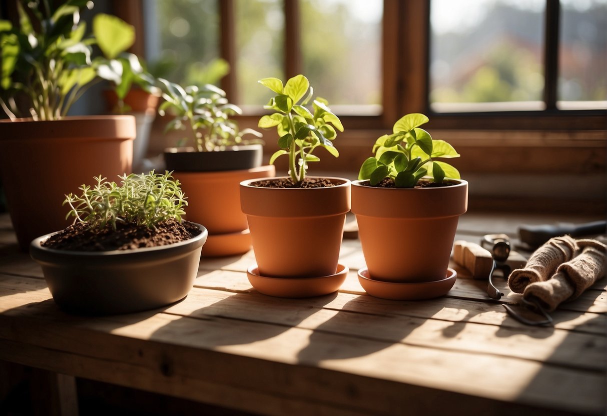 A pair of clay plant pots sit on a wooden table, surrounded by gardening tools and bags of soil. Sunlight streams through a nearby window, casting a warm glow on the pots
