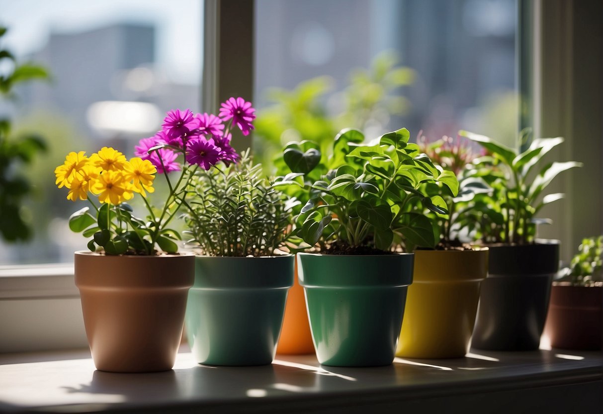 Plastic pot plants arranged on a sunny windowsill. Green leaves and colorful flowers, varying in size and shape