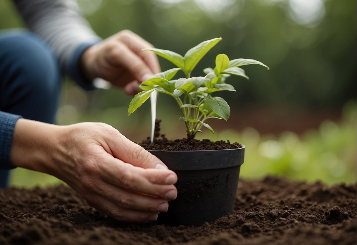 A hand holds a plastic pot, filling it with soil. Another hand gently places a small plant into the soil. The process repeats with various plants