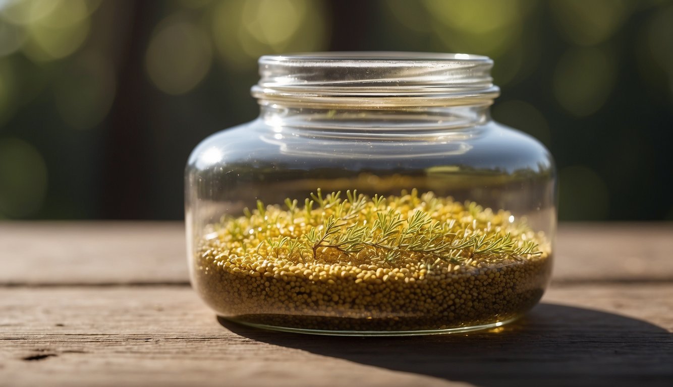 A glass jar filled with pine pollen submerged in alcohol, sealed with a lid, and left to infuse for several weeks in a sunny spot
