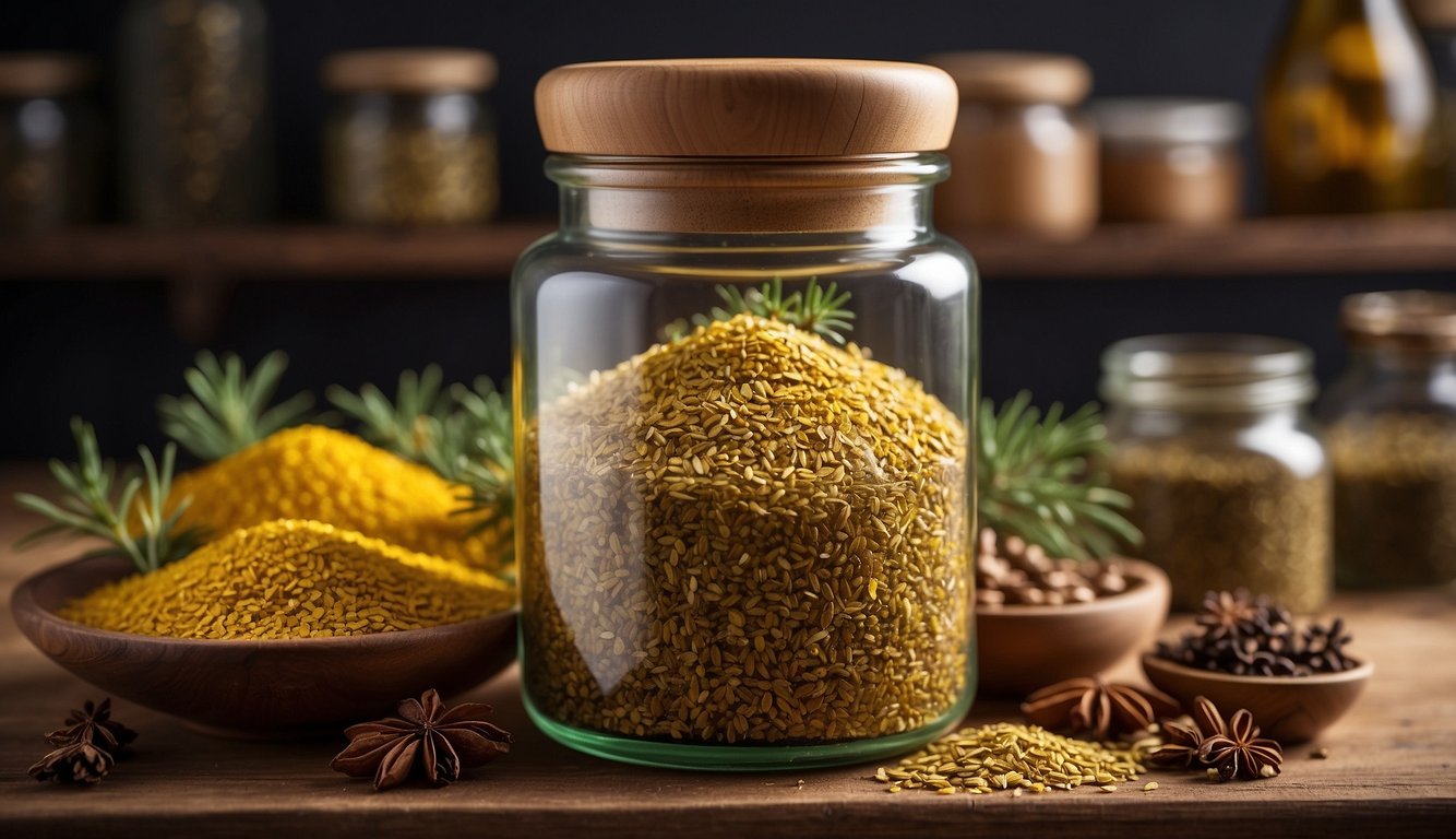 A glass jar filled with pine pollen tincture sits on a wooden shelf surrounded by dried herbs and spices. A label with the recipe title is affixed to the jar