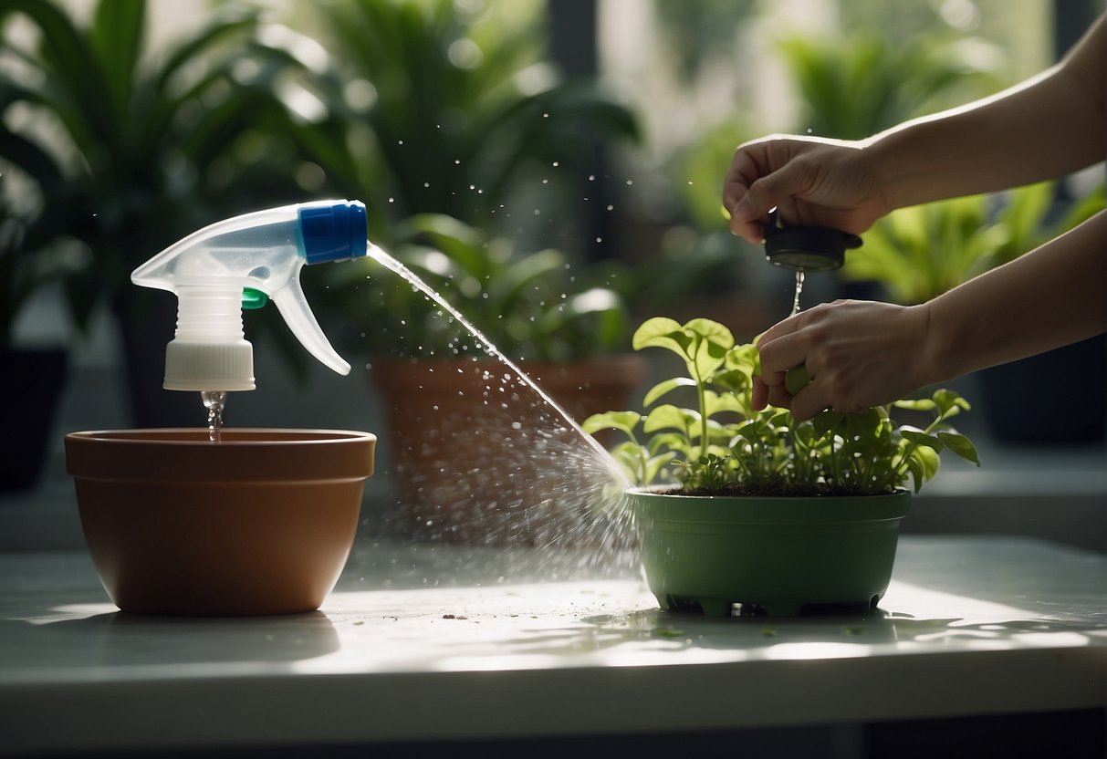 Plastic pot plants being wiped clean and watered with a spray bottle