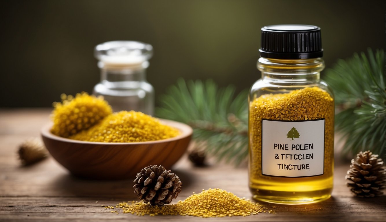 A glass jar filled with pine pollen and alcohol, with a label reading "Pine Pollen Tincture" and a dropper next to it