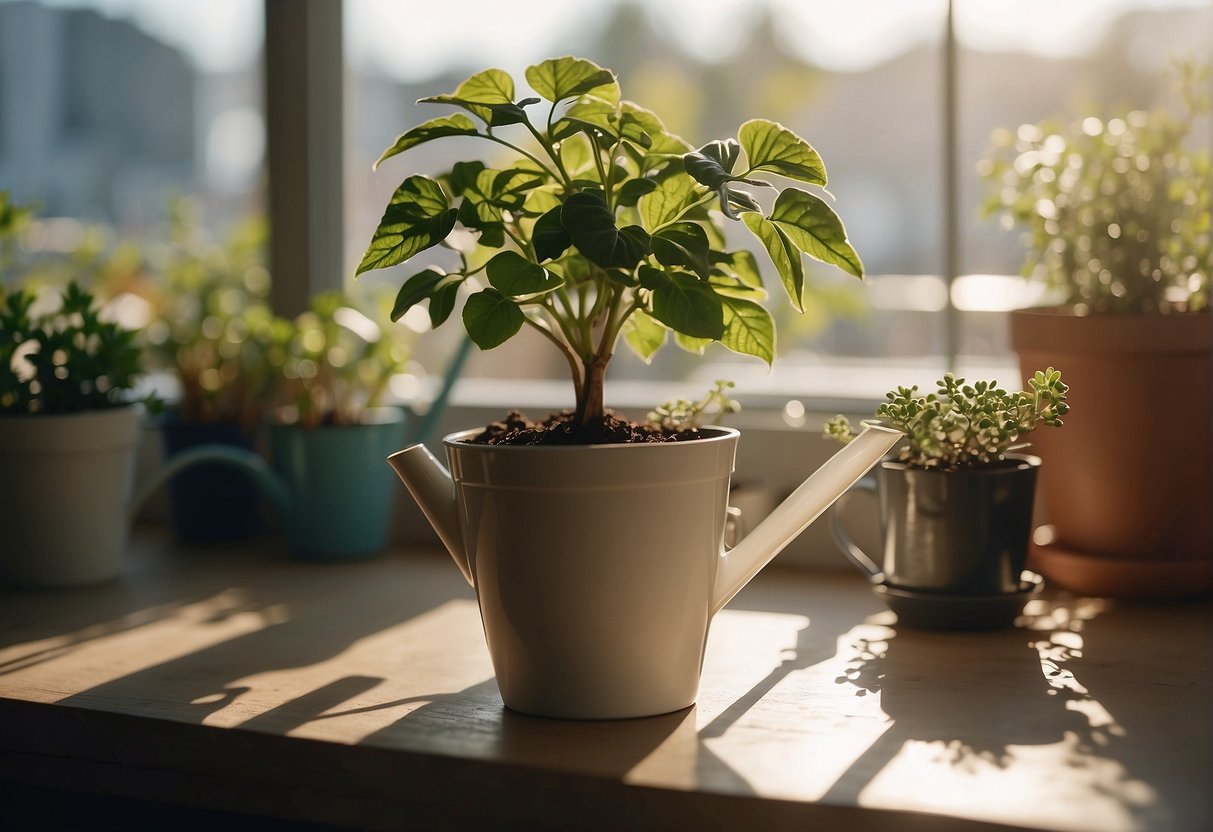 A plastic pot plant sits on a sunlit windowsill, surrounded by scattered soil and a watering can nearby