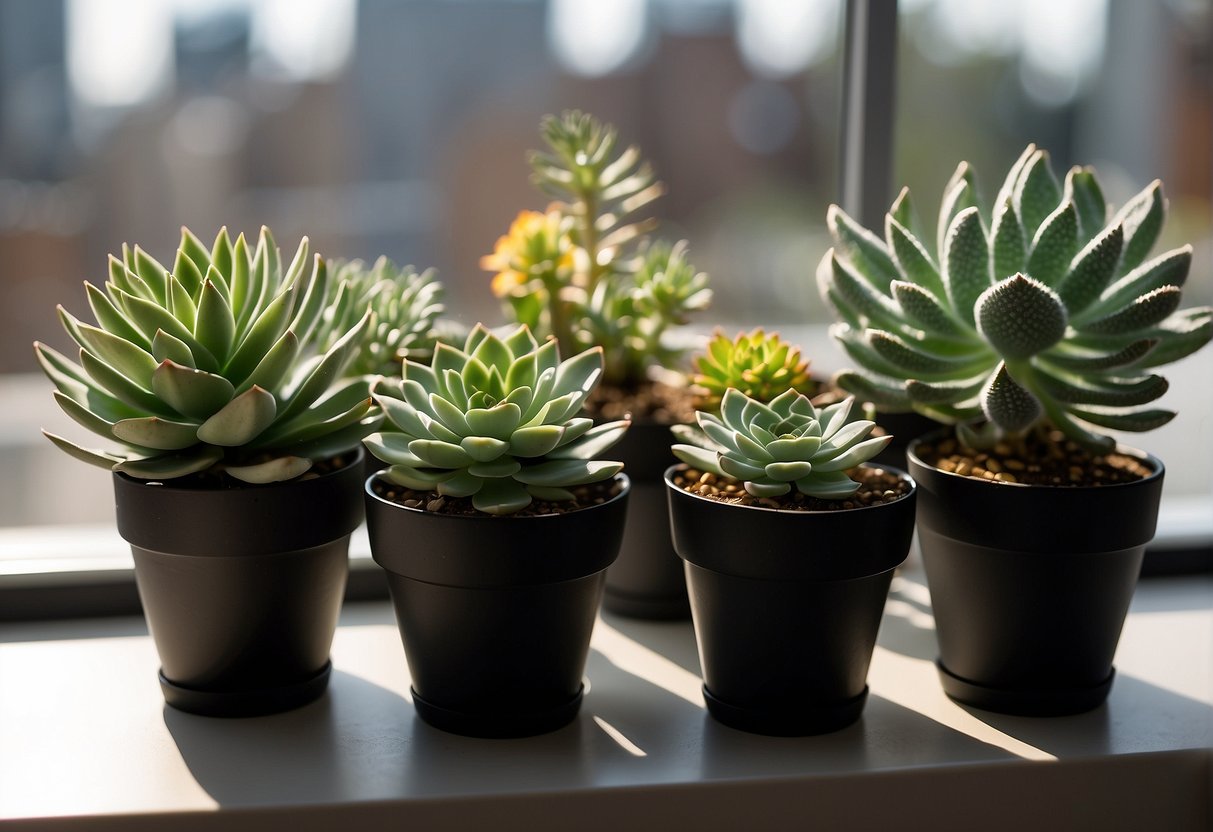 Several plastic pot plants arranged on a sunny windowsill. Various sizes and colors, including succulents and flowers