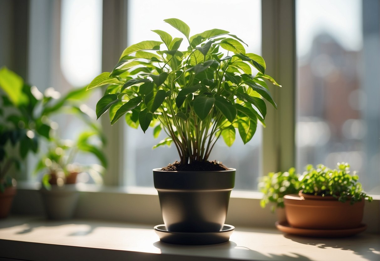 A plastic pot plant sits on a sunny windowsill, brightening the room with its vibrant green leaves. It requires minimal maintenance and adds a touch of nature to any space
