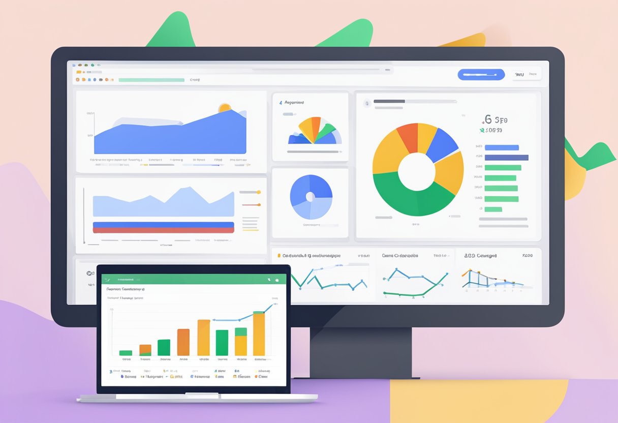 A computer screen displaying the Google Ads dashboard with charts, graphs, and campaign data