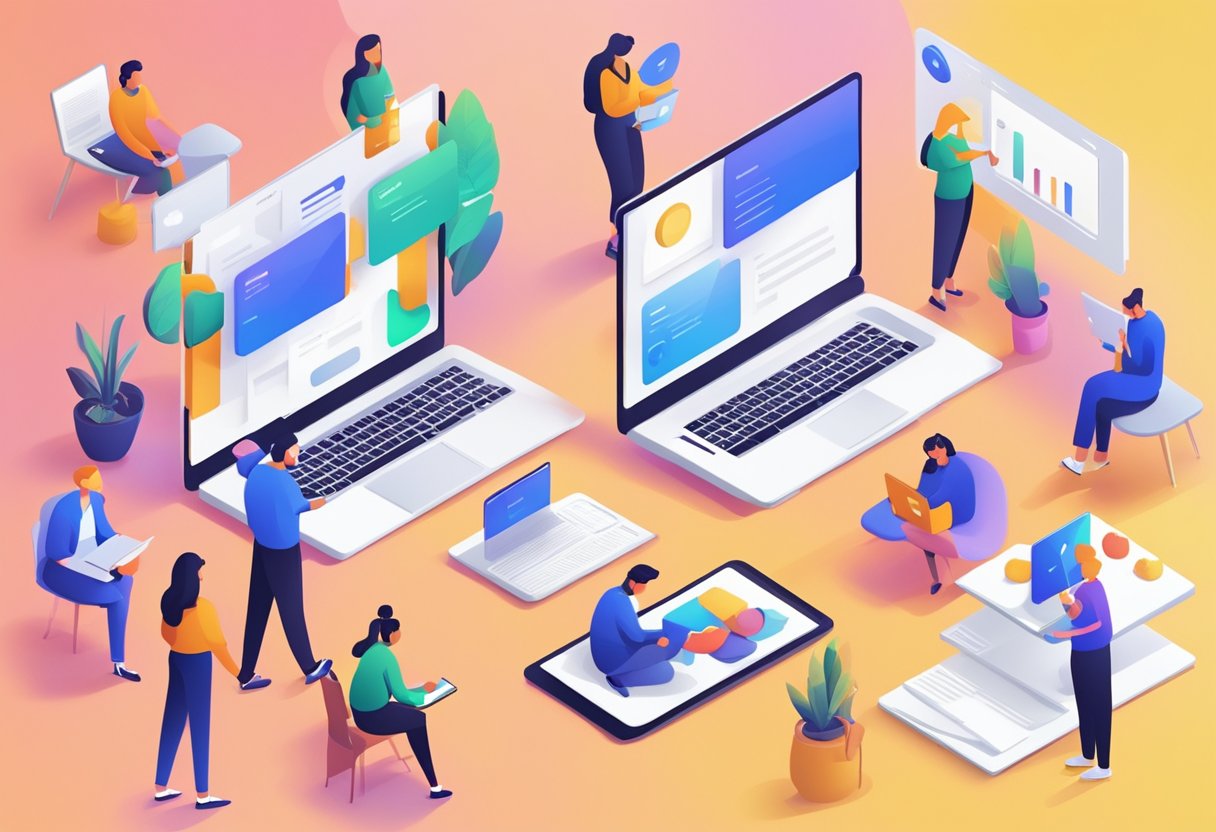 A group of people interacting with GoogleAds on various devices in a modern and vibrant setting