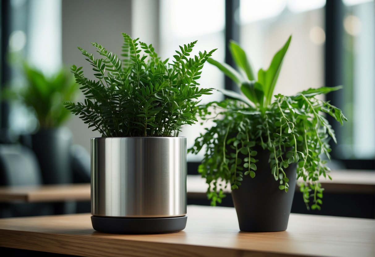 A steel plant pot sits on a wooden table, filled with vibrant green foliage. The pot is sleek and modern, adding a touch of industrial elegance to the space