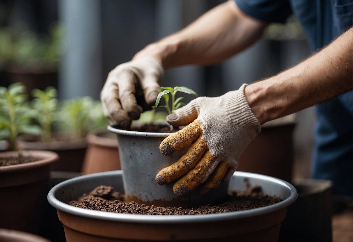 A pair of hands carefully wiping down a steel plant pot with a soft cloth, inspecting for any signs of rust or damage