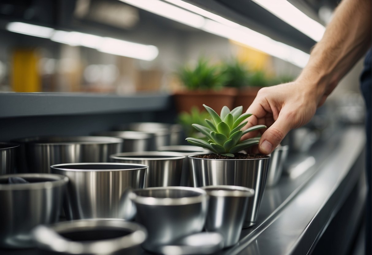 A hand reaches for a sleek steel plant pot on a store shelf. The pot is shiny and modern, with clean lines and a polished surface