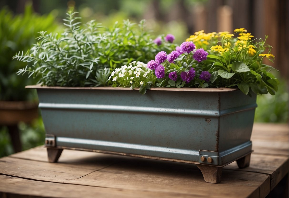 A metal trough planter sits on a rustic wooden table, filled with vibrant green plants and blooming flowers, adding a touch of nature to the outdoor space