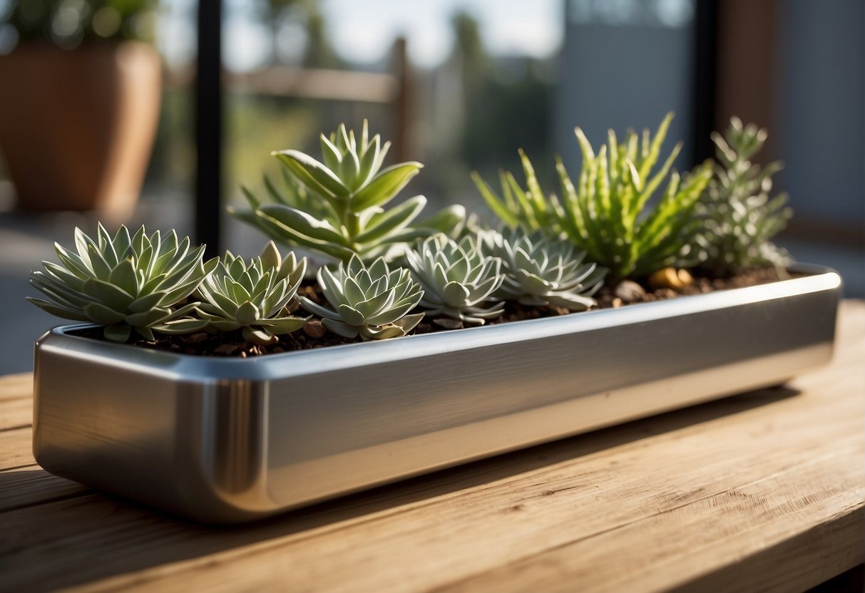 A metal trough planter sits on a wooden table. A variety of metal samples lay next to it, including stainless steel, galvanized steel, and aluminum. The sun shines on the samples, highlighting their different textures and finishes
