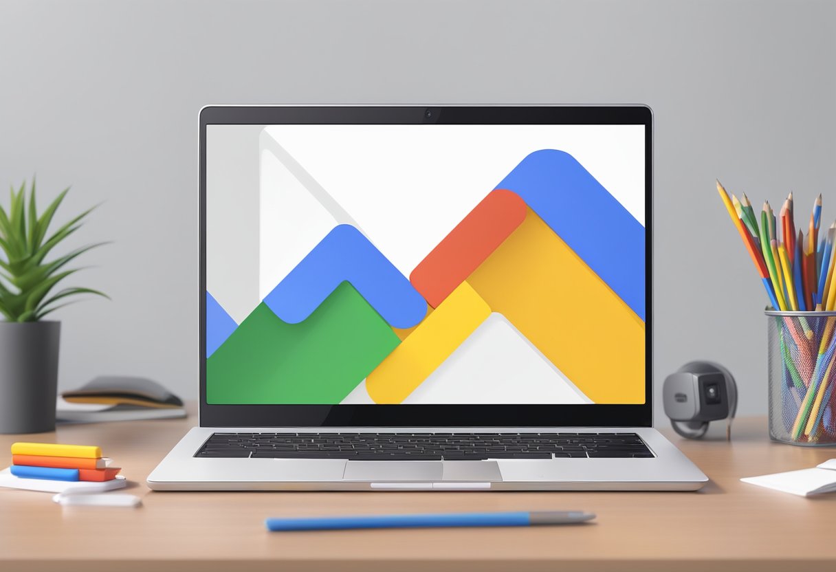 A laptop displaying a Google video ad, with the Google logo and colorful graphics, on a clean and modern desk
