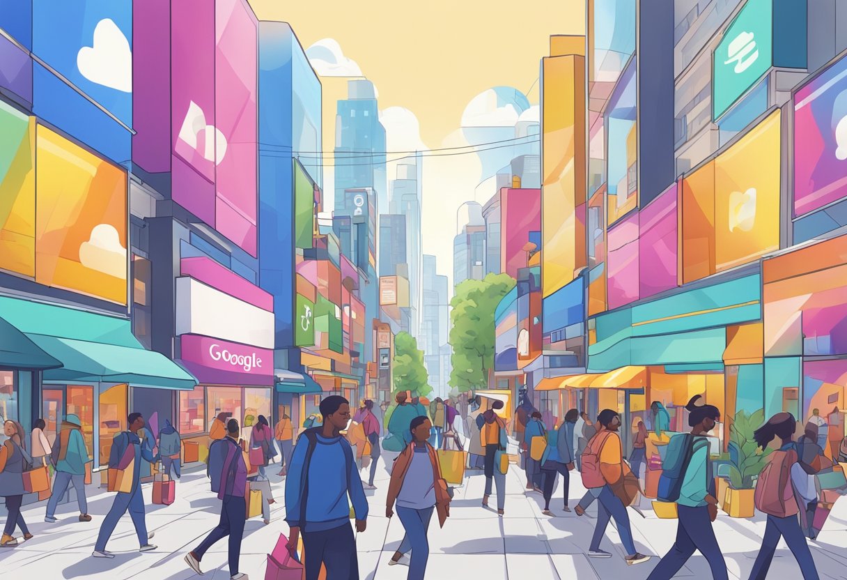 A busy city street with colorful storefronts and people walking by, with prominent Google Ads displayed on various digital screens and billboards