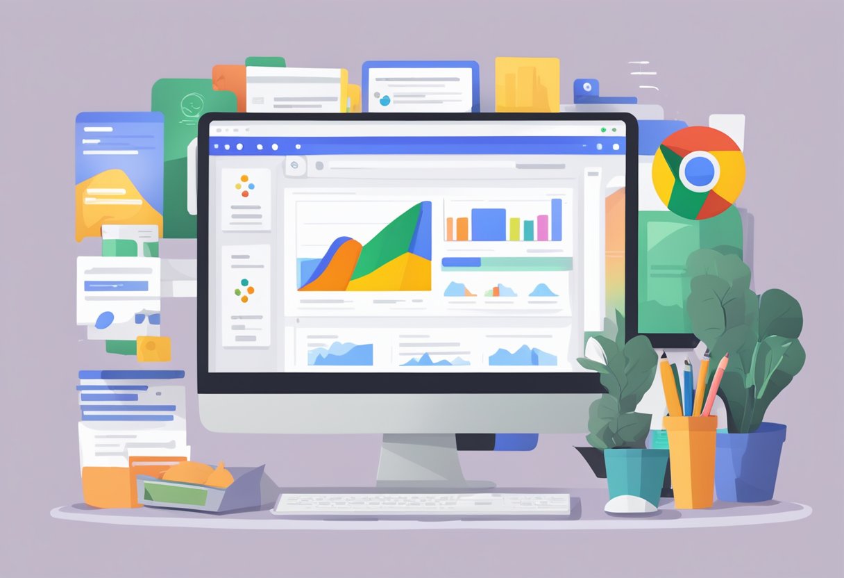 A computer with a Google Ads interface open on the screen, with various ad design elements and content displayed