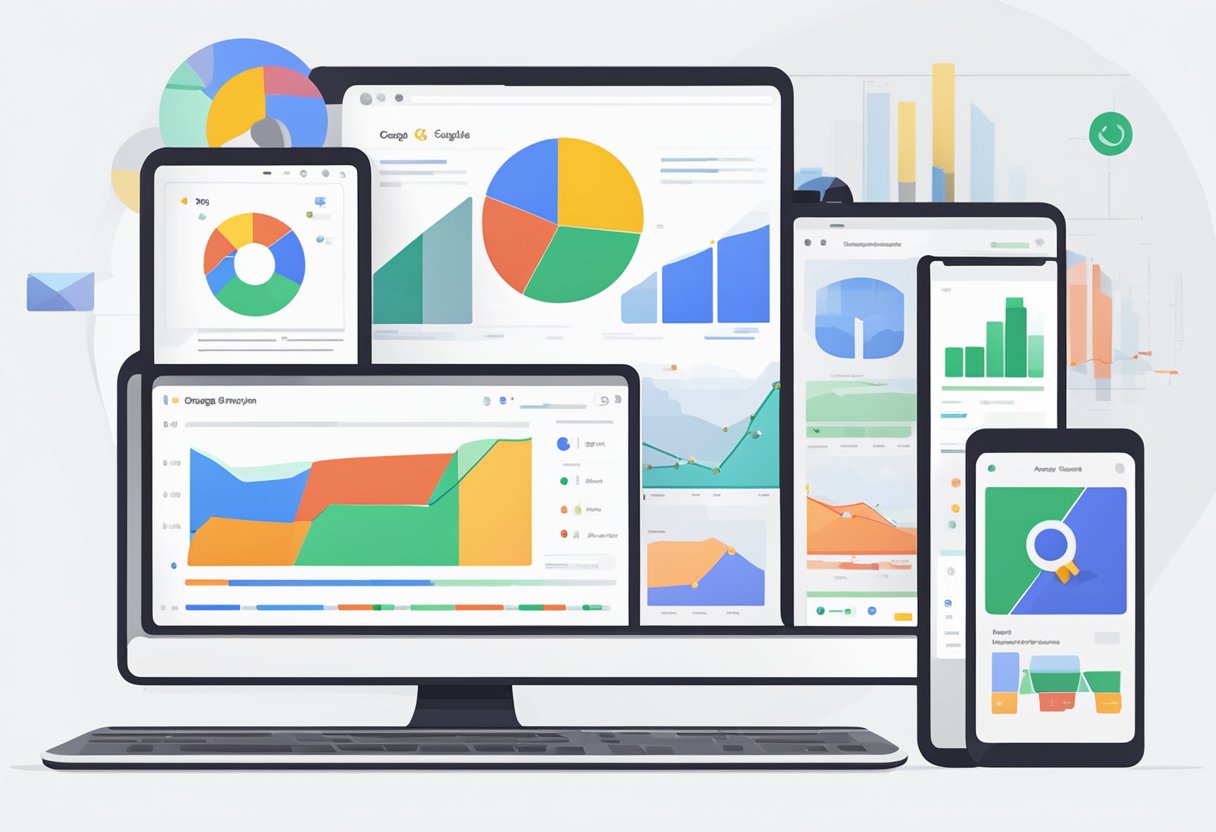 A computer screen displaying Google Ads platform management interface. Multiple tabs open, graphs and data visualizations