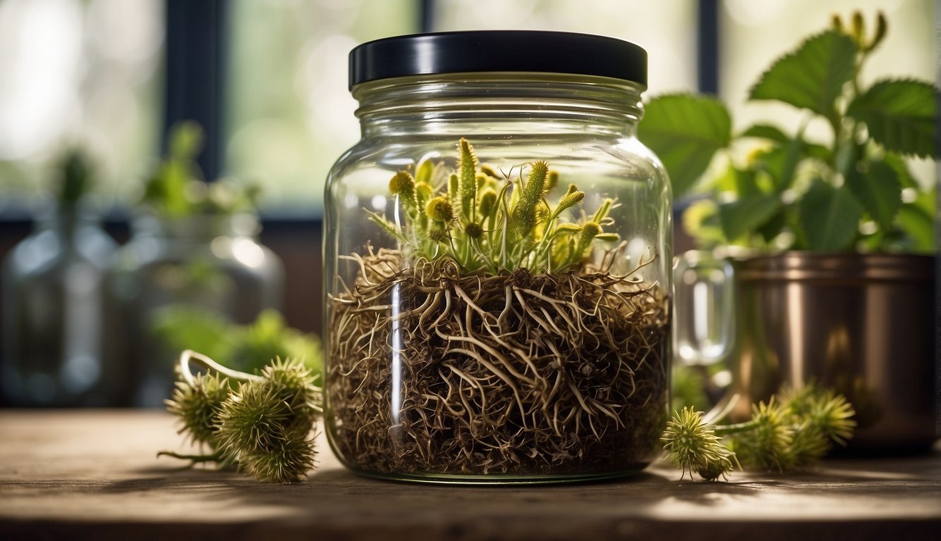 Elecampane roots steeped in a glass jar with alcohol, creating a tincture. Surrounding the jar are historical references to the plant's traditional medicinal use