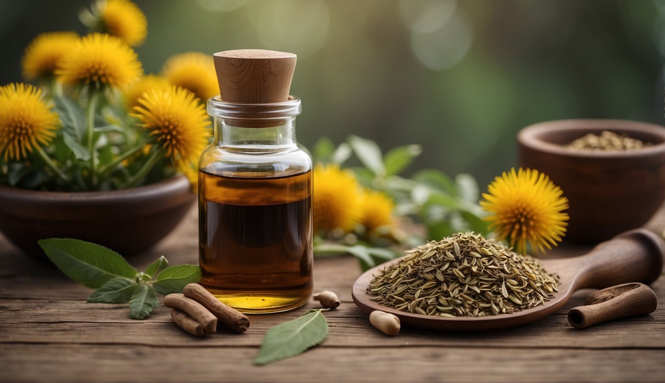 A glass jar filled with elecampane root tincture sits on a wooden table surrounded by dried herbs and a mortar and pestle