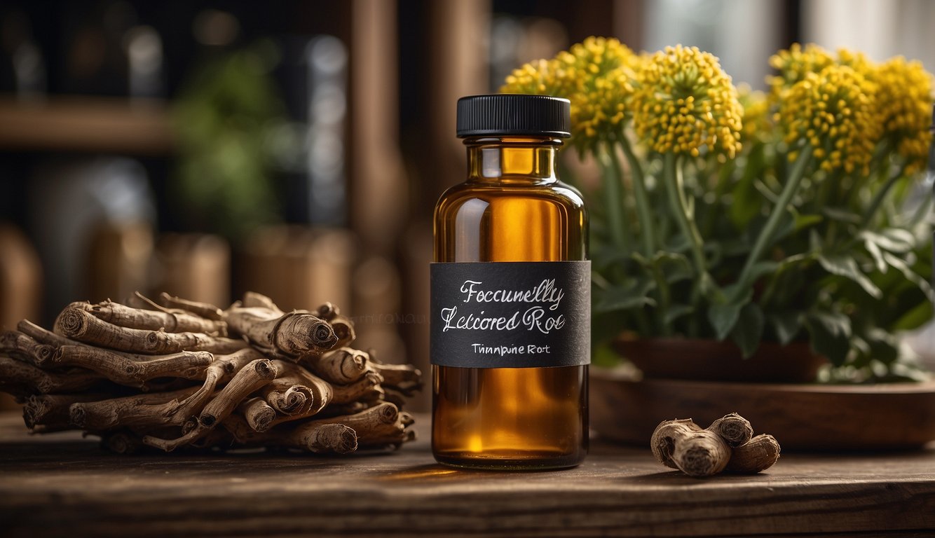 A glass bottle of elecampane root tincture sits on a wooden shelf, with a label reading "Frequently Asked Questions" in elegant script
