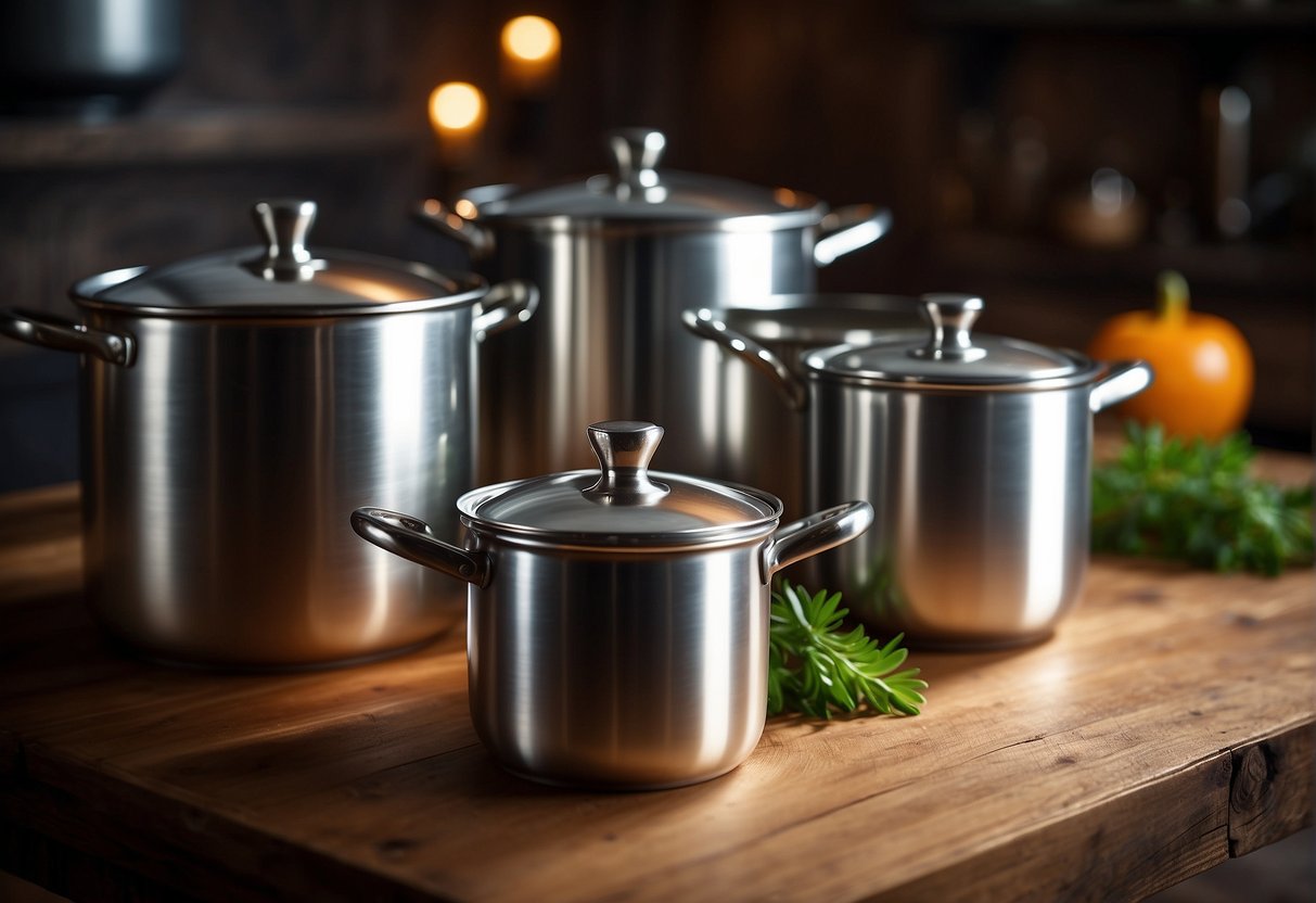 Several silver pots sit on a rustic wooden table, reflecting the warm glow of the kitchen