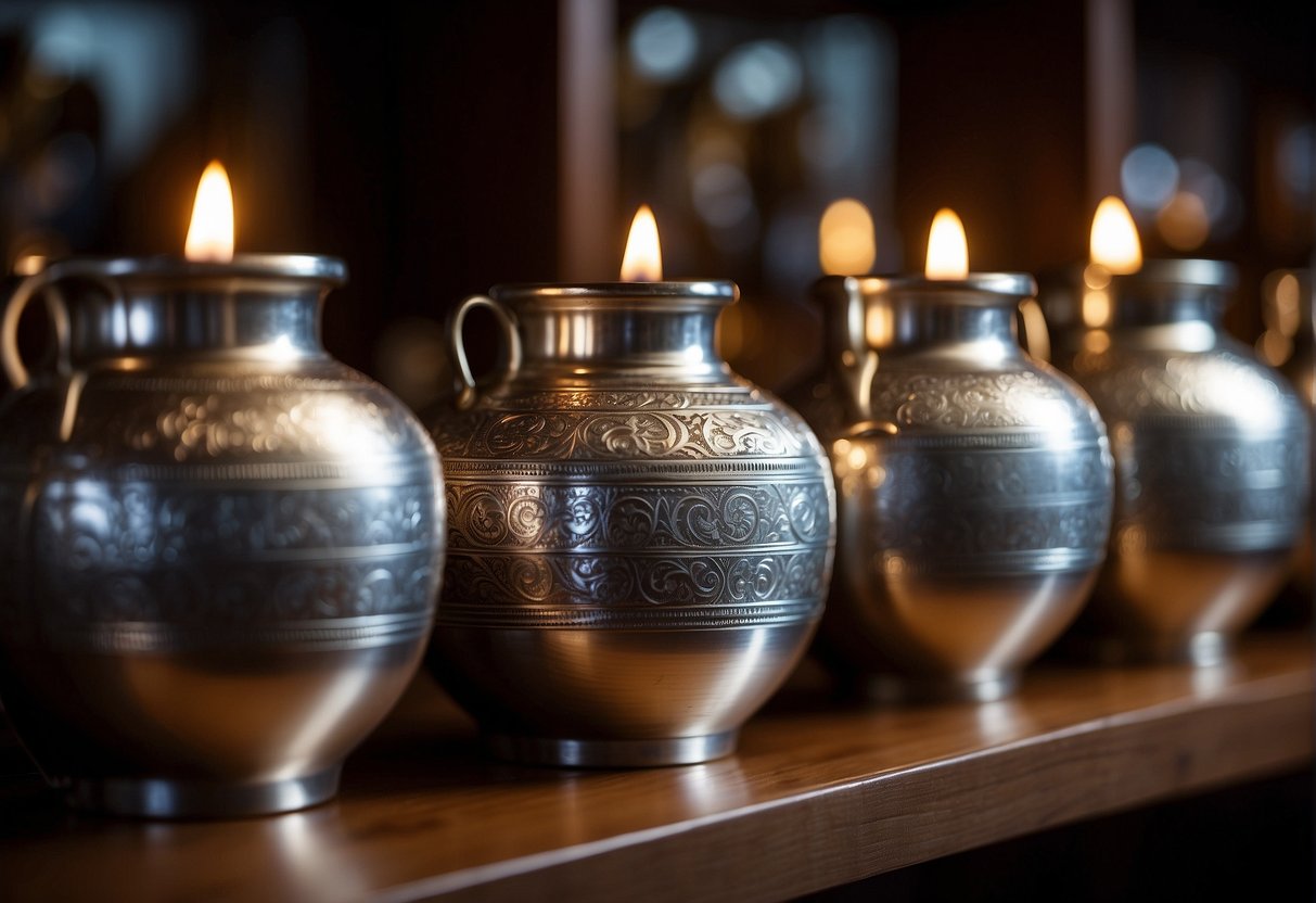 Silver pots lined up on a wooden shelf, reflecting the warm glow of candlelight, with intricate engravings telling the story of their rich history