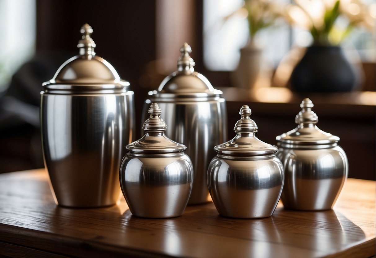 A set of silver pots gleam on a polished wooden shelf, surrounded by delicate polishing cloths and bottles of silver cleaner