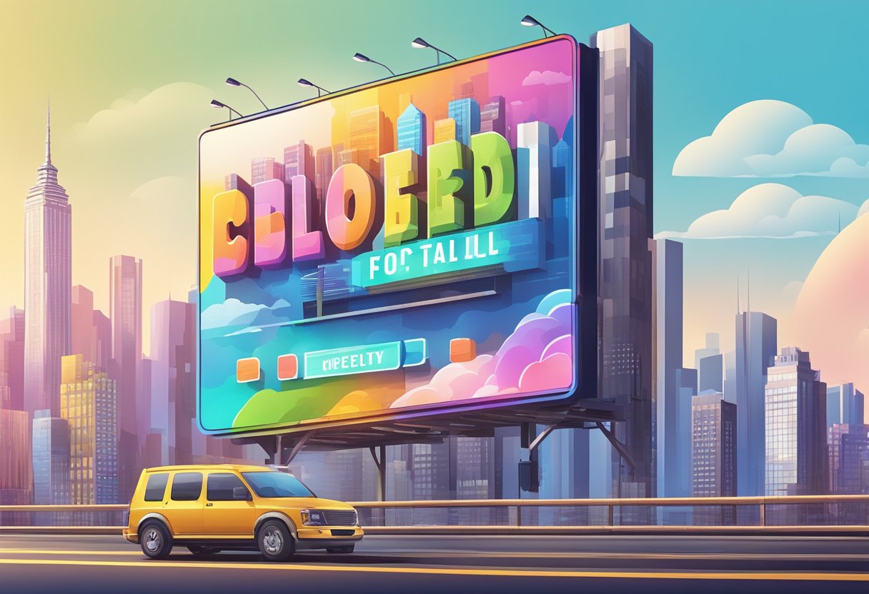 A colorful billboard stands tall against a bright city skyline, with bold text and eye-catching graphics promoting a product or event