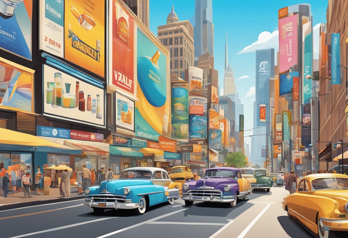 A colorful array of vintage and modern advertising posters fill a bustling city street, capturing the evolution of advertising through the years