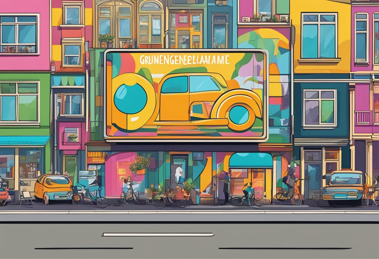 A colorful billboard displaying "Grunnleggende om Reklame" with bold text and eye-catching graphics